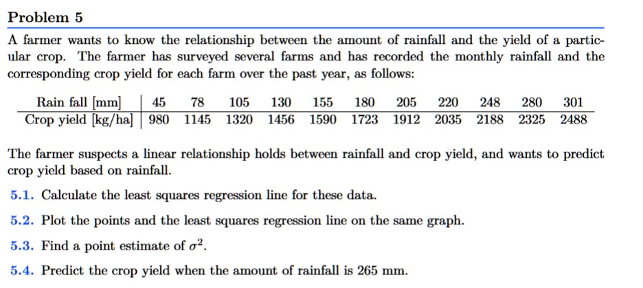 Problem 5
A farmer wants to know the relationship between the amount of rainfall and the yield of a partic-
ular crop. The farmer has surveyed several farms and has recorded the monthly rainfall and the
corresponding crop yield for each farm over the past year, as follows:
Rain fall [mm]
45 78 105 130 155 180 205 220 248 280 301
Crop yield [kg/ha] 980 1145 1320 1456 1590 1723 1912 2035 2188 2325 2488
The farmer suspects a linear relationship holds between rainfall and crop yield, and wants to predict
crop yield based on rainfall.
5.1. Calculate the least squares regression line for these data.
5.2. Plot the points and the least squares regression line on the same graph.
5.3. Find a point estimate of σ^2.
5.4. Predict the crop yield when the amount of rainfall is 265 mm.