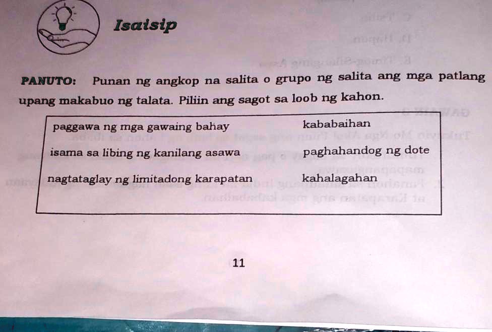 SOLVED: Punan Ng Ankop Na Salita O Grupo Ng Sali Ang Mga Patlang Upang ...