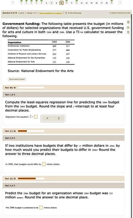 Government funding: The following table presents the budget (in millions of dollars) for selected organizations that received U.S. government funding for arts and culture in both 2004 and 2006. Use a TI-84 calculator to answer the following.

Organization 2004 2006
Smithsonian Institution 489 517
Corporation for Public Broadcasting 377 460
Institute of Museum and Library Services 262 247
National Endowment for the Humanities 135 142
National Endowment for the Arts 121 124

Source: National Endowment for the Arts

Part 1 of 3
Compute the least-squares regression line for predicting the 2006 budget from the 2004 budget. Round the slope and y-intercept to at least four decimal places.
Regression line equation: y =

Part 2 of 3
If two institutions have budgets that differ by 15 million dollars in 2004, by how much would you predict their budgets to differ in 2006? Round the answer to three decimal places.
In 2006, their budgets would differ by million dollars.

Part 3 of 3
Predict the 2006 budget for an organization whose 2004 budget was 225 million dollars. Round the answer to one decimal place.
The 2006 budget is predicted to be million dollars.