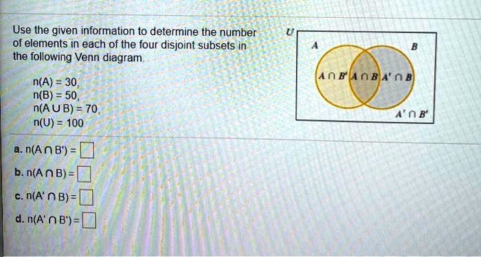 Use the given information to determine the number of elements in each of the four disjoint subsets in the following Venn diagram.
U
A B
A ? B' A ? B A' ? B
A' ? B'
n(A) = 30,
n(B) = 50,
n(A U B) = 70,
n(U) = 100
a. n(A ? B') =
b. n(A ? B) =
c. n(A' ? B) =
d. n(A' ? B') =