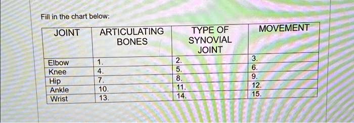 fill in the chart below joint articulating bones type of synovial joint ...