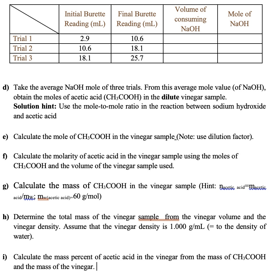 SOLVED Text Volume of consuming NaOH Initial Burette Final Burette