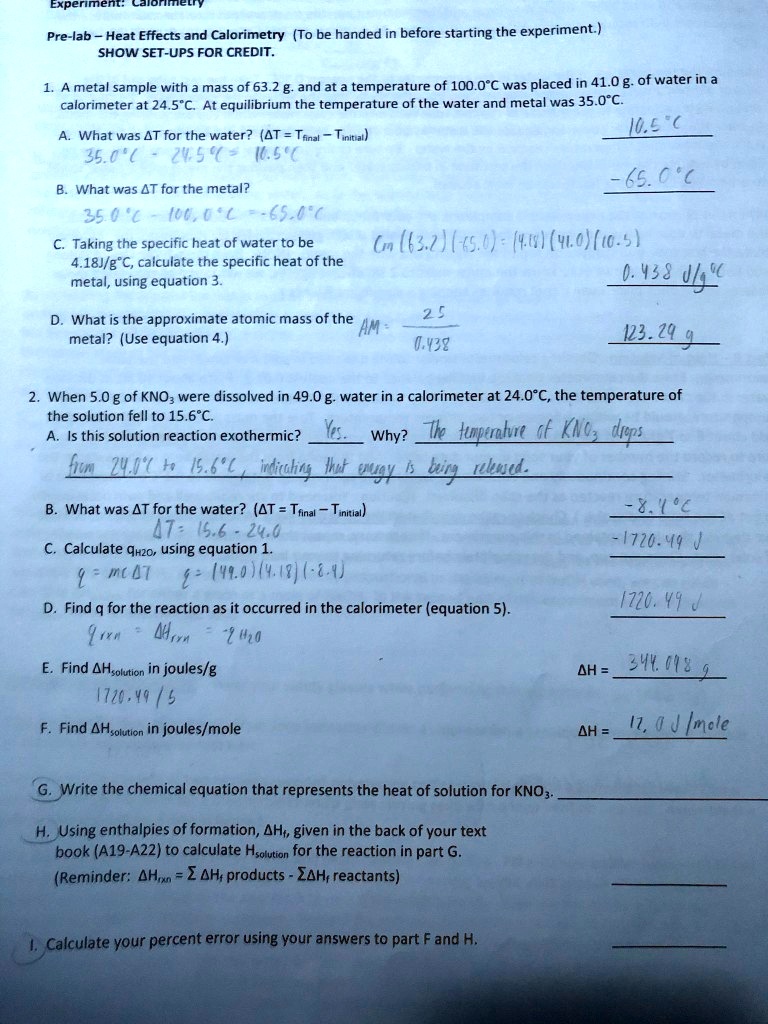 SOLVED Experiment Prelab Heat Effects and Calorimetry (To be
