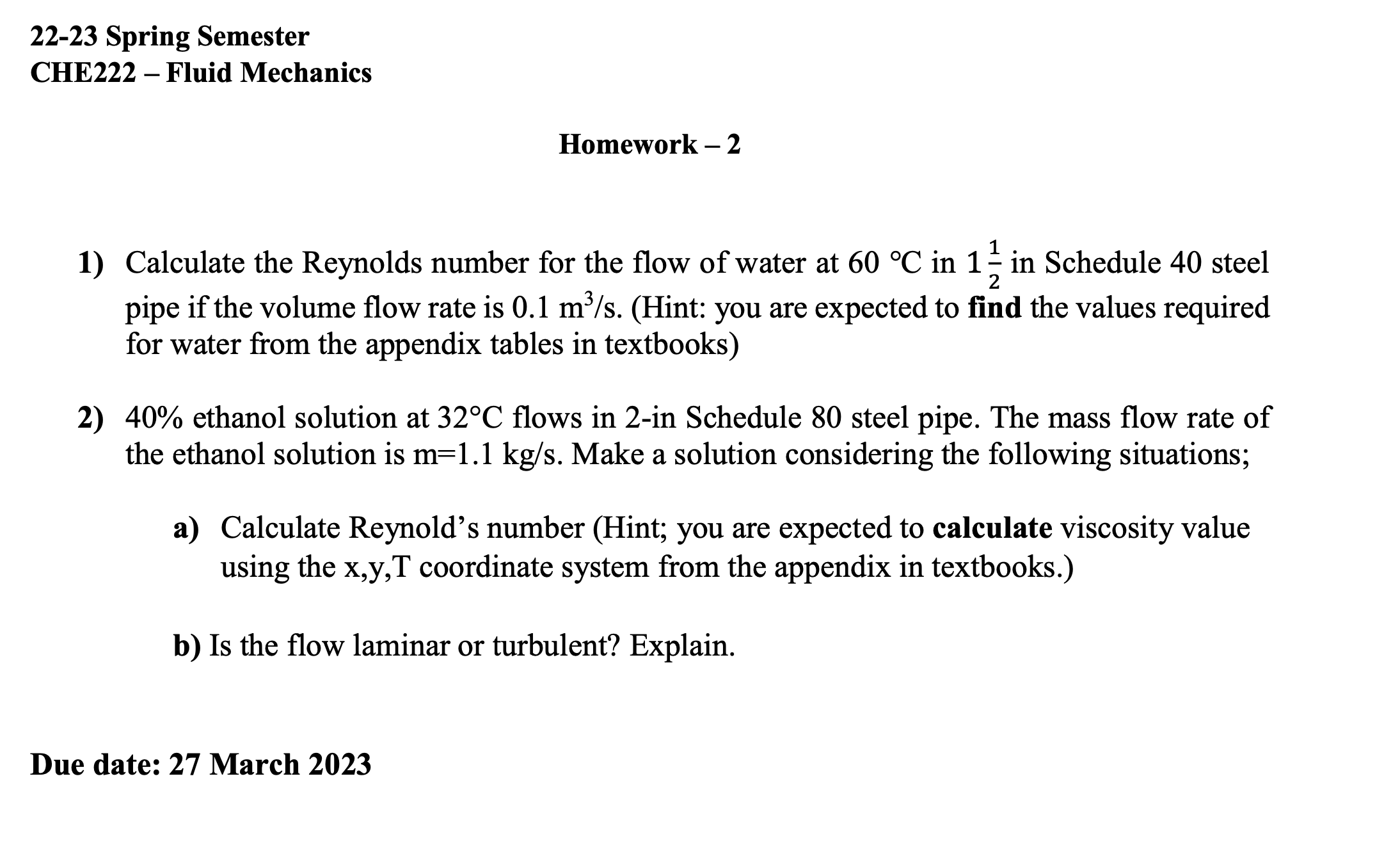 Solved 22 23 Spring Semester Che222 Fluid Mechanics Homework 2 1