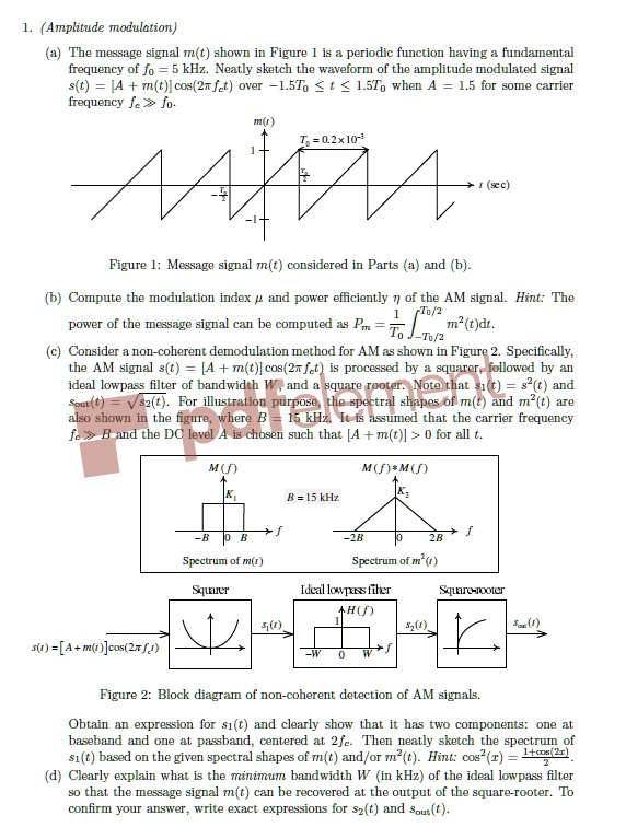 1 amplitude modulation a the message signal mt shown in figure 1 is a ...