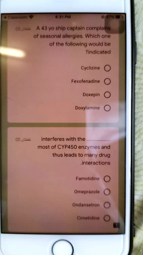 A 43 yo ship captain complains of seasonal allergies. Which one of the following would be indicated?
Cyclizine
Fexofenadine
Doxepin
Doxylamine
interferes with the ................ most of CYP450 enzymes and thus leads to many drug interactions.
Famotidine
Omeprazole
Ondansetron
Cimetidine