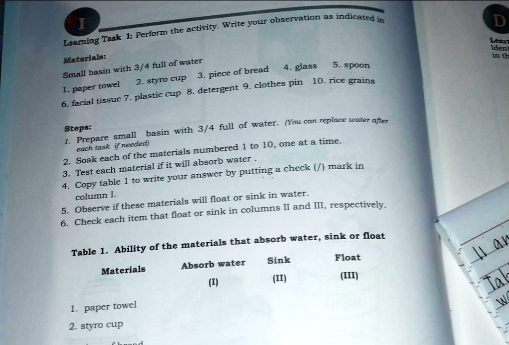 SOLVED 'І Learning Task 1 Perform the activity. Write your