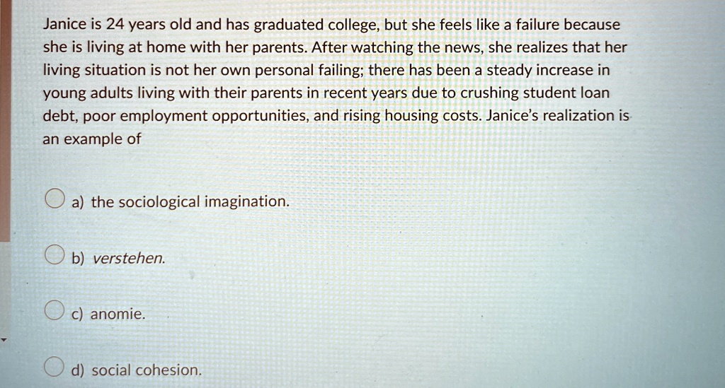 Janice is 24 years old and has graduated college, but she feels like a failure because she is living at home with her parents. After watching the news, she realizes that her living situation is not her own personal failing; there has been a steady increase in young adults living with their parents in recent years due to crushing student loan debt, poor employment opportunities, and rising housing costs. Janice's realization is an example of
a) the sociological imagination.
b) verstehen.
c) anomie.
d) social cohesion.