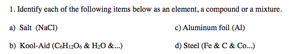 SOLVED: Identify each of the following items below as an element, a ...