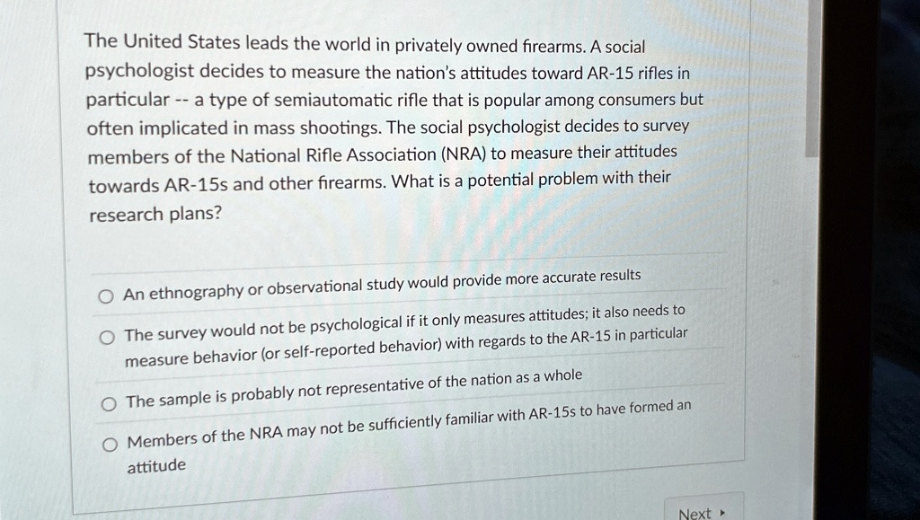 the united states leads the world in privately owned firearms a social psychologist decides to measure the nations attitudes toward ar 15 rifles in particular a type of semiautomatic rifle t 61266