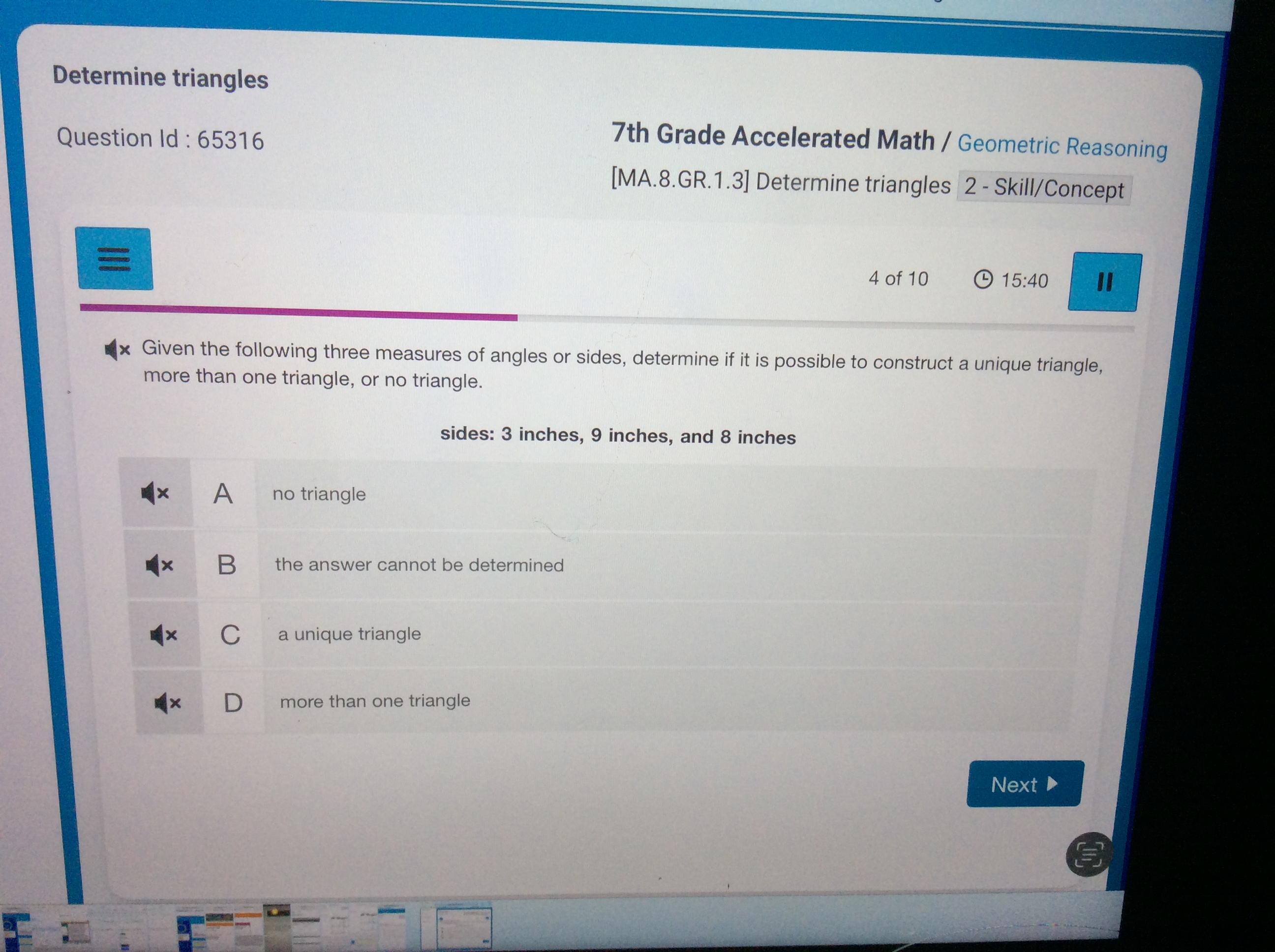 Determine triangles question id 65316 7th grade accelerated math