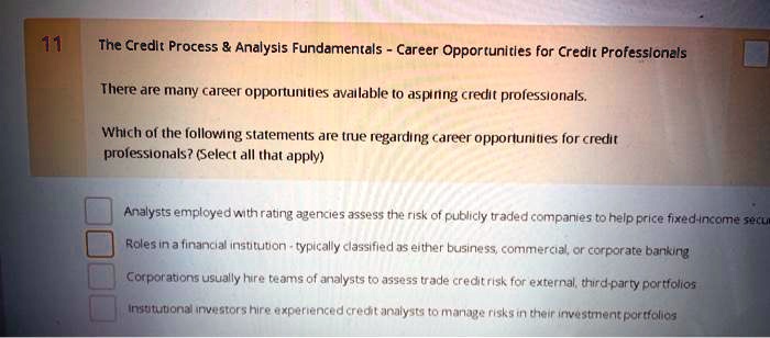 The Credit Process     Analysis Fundamentals - Career Opportunities for Credit Professionals

There are many career opportunities available to aspiring credit professionals.

Which of the following statements are true regarding career opportunities for credit professionals? (Select all that apply)

Analysts employed with rating agencies assess the risk of publicly traded companies to help price fixed-income securities
Roles in a financial institution - typically classified as either business, commercial, or corporate banking
Corporations usually hire teams of analysts to assess trade credit risk for external, third-party portfolios
Institutional investors hire experienced credit analysts to manage risks in their investment portfolios