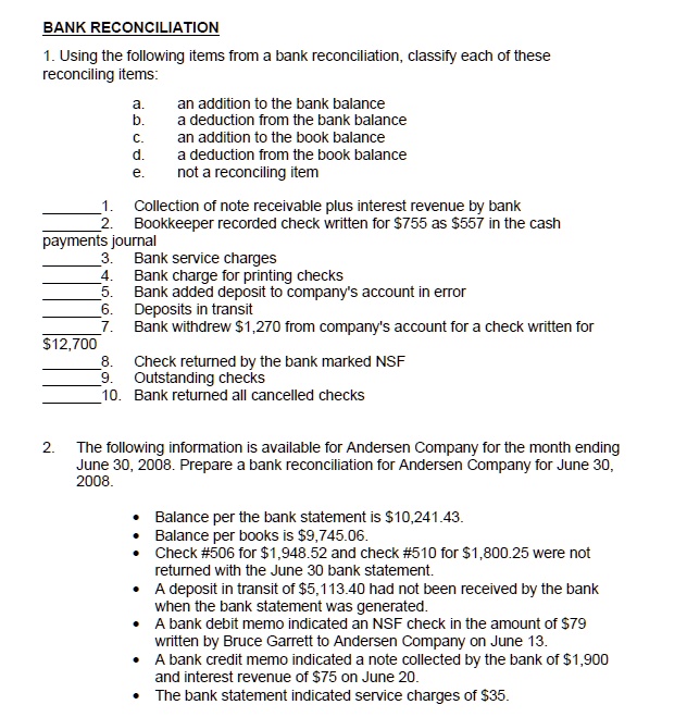 SOLVED BANK RECONCILIATION 1.Using the following items from a bank