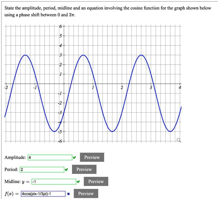 SOLVED: State the amplitude, period, midline and an equation involving ...