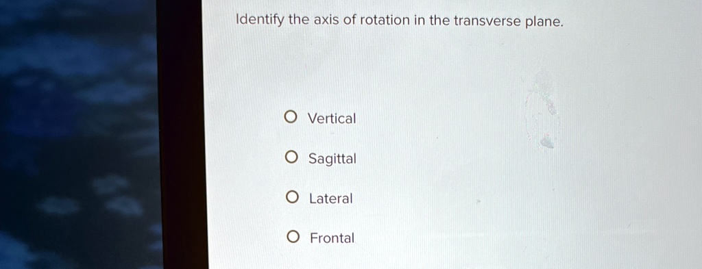 Identify the axis of rotation in the transverse plane.
O Vertical
O Sagittal
O Lateral
O Frontal