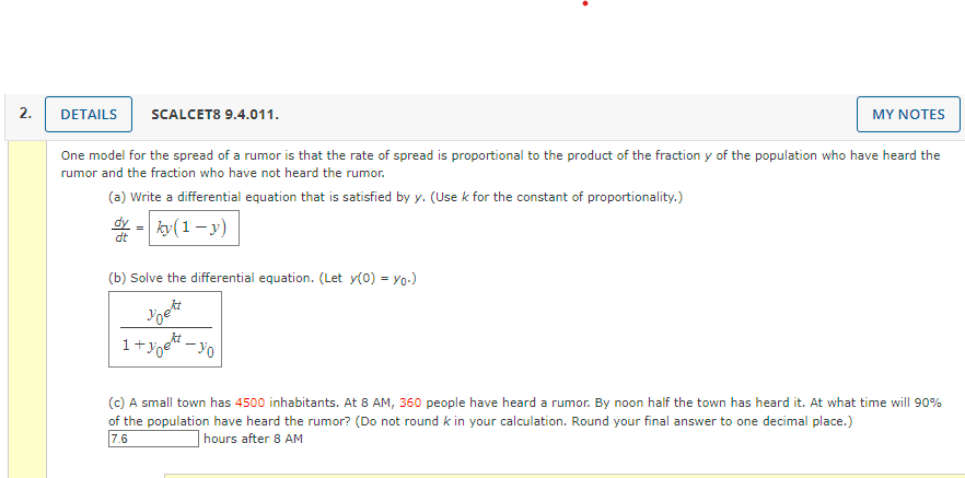 Solved 2 Details Scalcet8 94011 My Notes One Model For The Spread Of A Rumor Is That The 