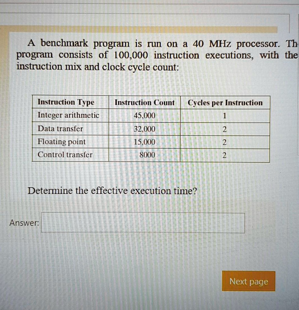 abenchmark program is run on a 40 mhz processorth program consistsofl00000instruction executions with the instruction mix and clock cycle count instruction type integer arithmetic data trans 05099