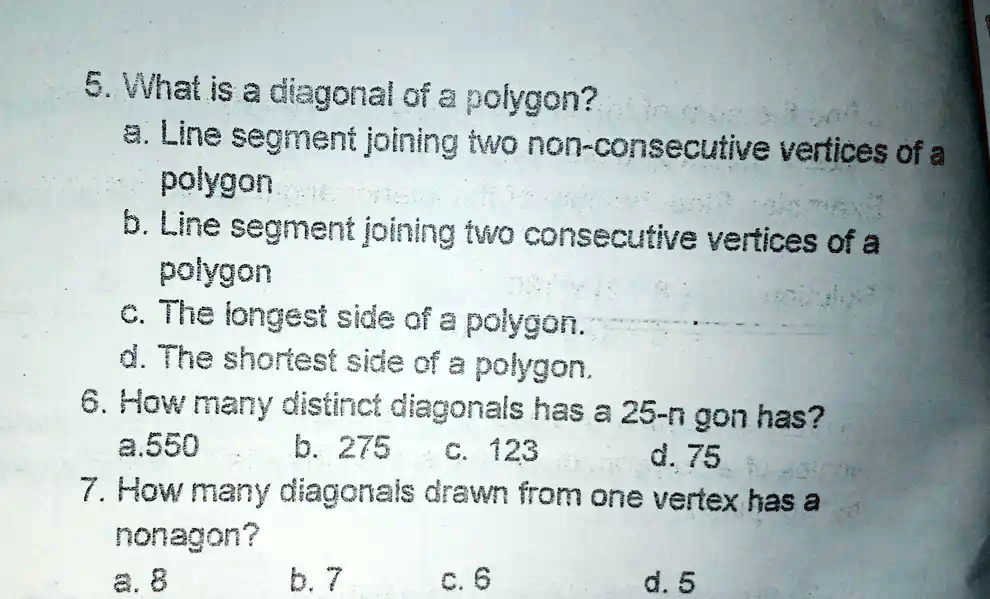 Diagonal Line In Math 5. What is a diagonal of a polygon? a. Line segment joining two non ...