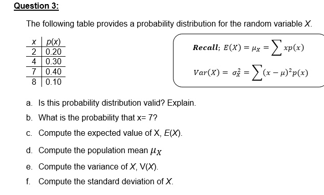 Solved Question The Following Table Provides A Probability Distribution For The Random Variable X Recall E X Hx Xp X 2 Var X O Z X P P X Is This Probability Distribution Valid Explain
