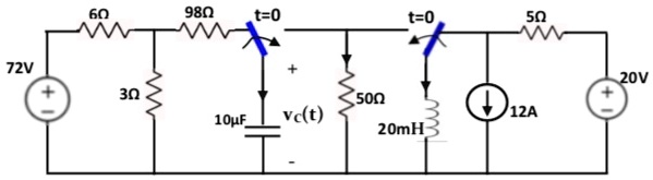 6?
98?
t=0
t=0
5?
72V
3?
10?F
vc(t)
50?
20mH
12A
20V