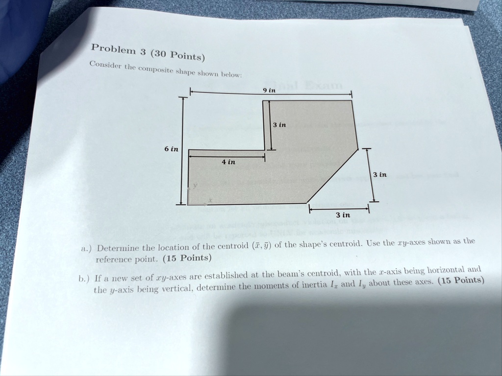 problem 3 30 points consider the composite shape shown below 6 in 4 in 9 in 3 in 3 in 3 in a determine the location of the centroid barx bary of the shapes centroid use the xy axes shown as  02587