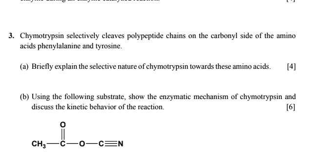 3. Chymotrypsin selectively cleaves polypeptide chains on the carbonyl side of the amino acids phenylalanine and tyrosine.

(a) Briefly explain the selective nature of chymotrypsin towards these amino acids. [4]

(b) Using the following substrate, show the enzymatic mechanism of chymotrypsin and discuss the kinetic behavior of the reaction. [6]