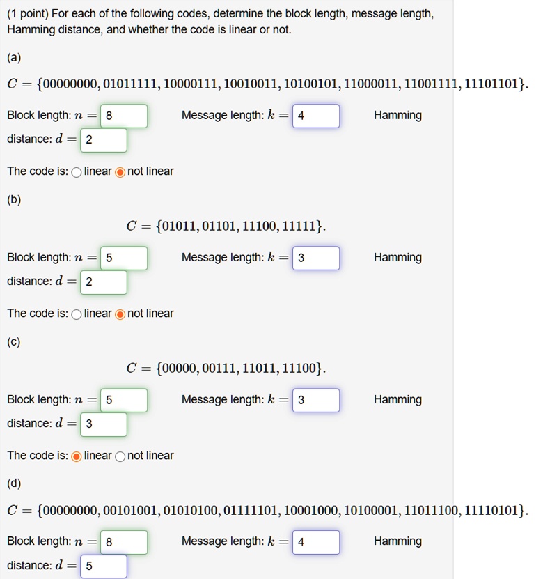 (a) C = 00000000, 01011111, 10000111, 10010011, 10100101, 11000011 ...