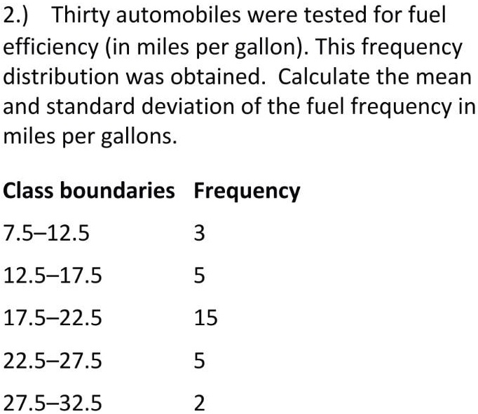 SOLVED 2.) Thirty automobiles were tested for fuel efficiency (in miles per gallon) This