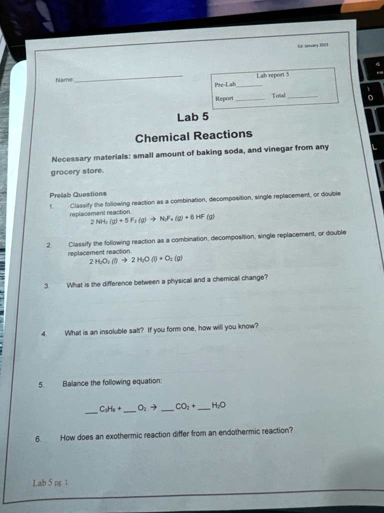 SOLVED Lab 5 Chemical Reactions Necessary materials small amount of