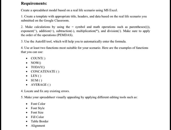 requirements creale spreadsheet model based on real lile scenario using ...