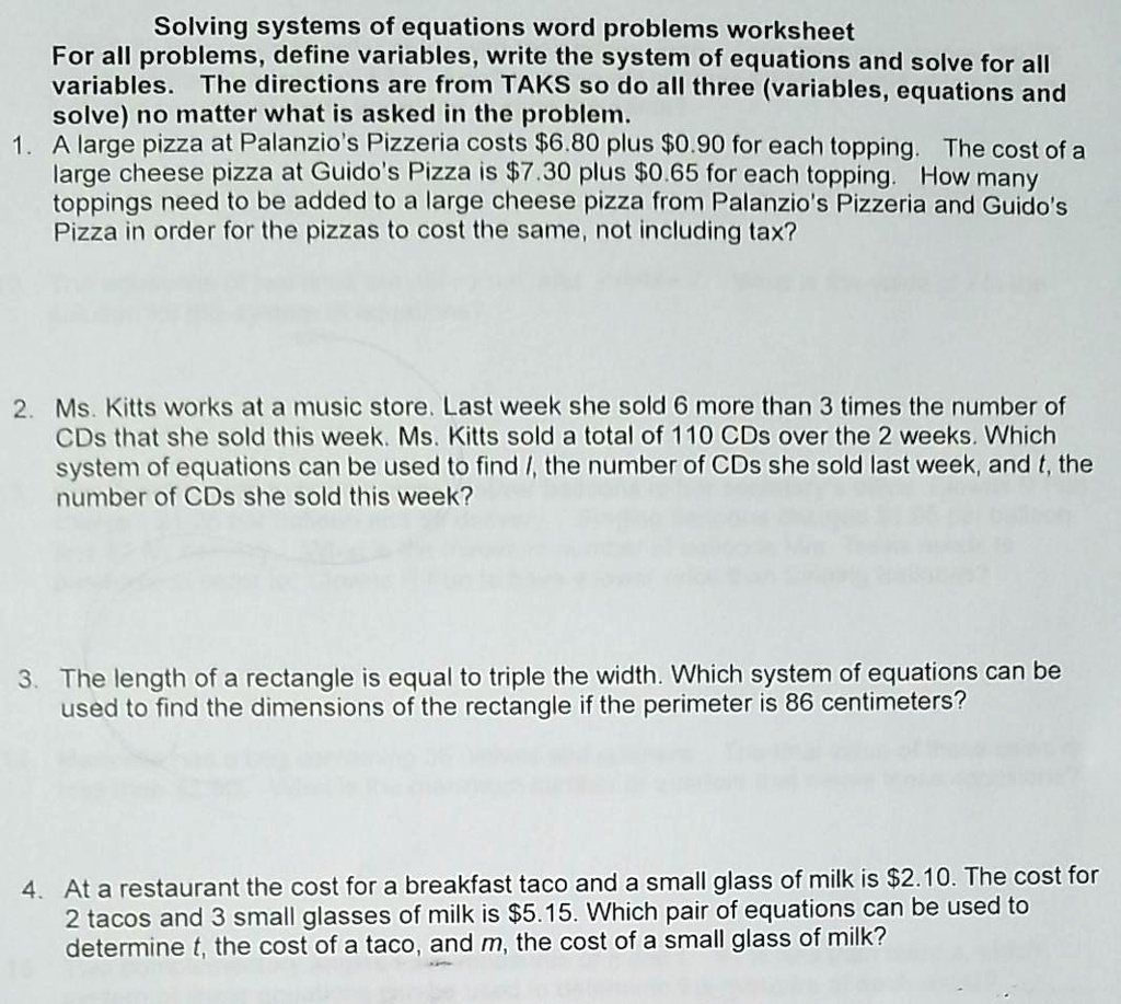 SOLVED:Solving systems of equations word problems worksheet For For Systems Word Problems Worksheet