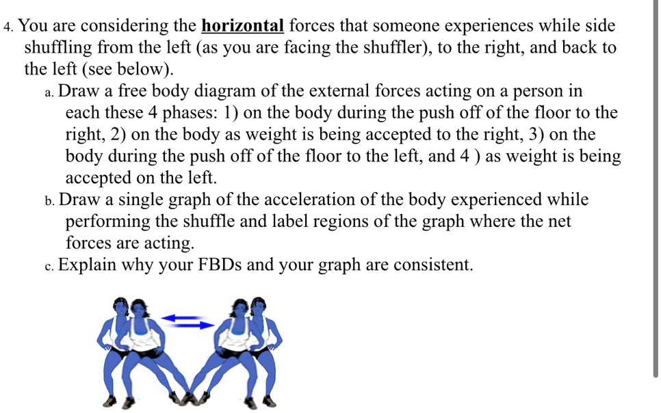 4. You are considering the horizontal forces that someone experiences while side
shuffling from the left (as you are facing the shuffler), to the right, and back to
the left (see below).
a. Draw a free body diagram of the external forces acting on a person in
each these 4 phases: 1) on the body during the push off of the floor to the
right, 2) on the body as weight is being accepted to the right, 3) on the
body during the push off of the floor to the left, and 4) as weight is being
accepted on the left.
b. Draw a single graph of the acceleration of the body experienced while
performing the shuffle and label regions of the graph where the net
forces are acting.
c. Explain why your FBDs and your graph are consistent.