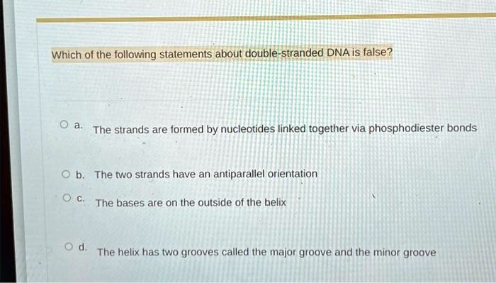 Which of the following statements about double-stranded DNA is false?

a. The strands are formed by nucleotides linked together via phosphodiester bonds
b. The two strands have an antiparallel orientation
c. The bases are on the outside of the helix
d. The helix has two grooves called the major groove and the minor groove