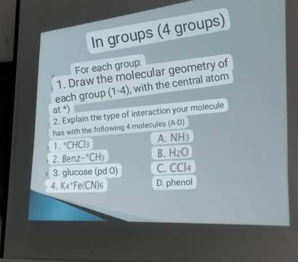 SOLVED: In groups (4 groups) For each group: 1. Draw the molecular ...