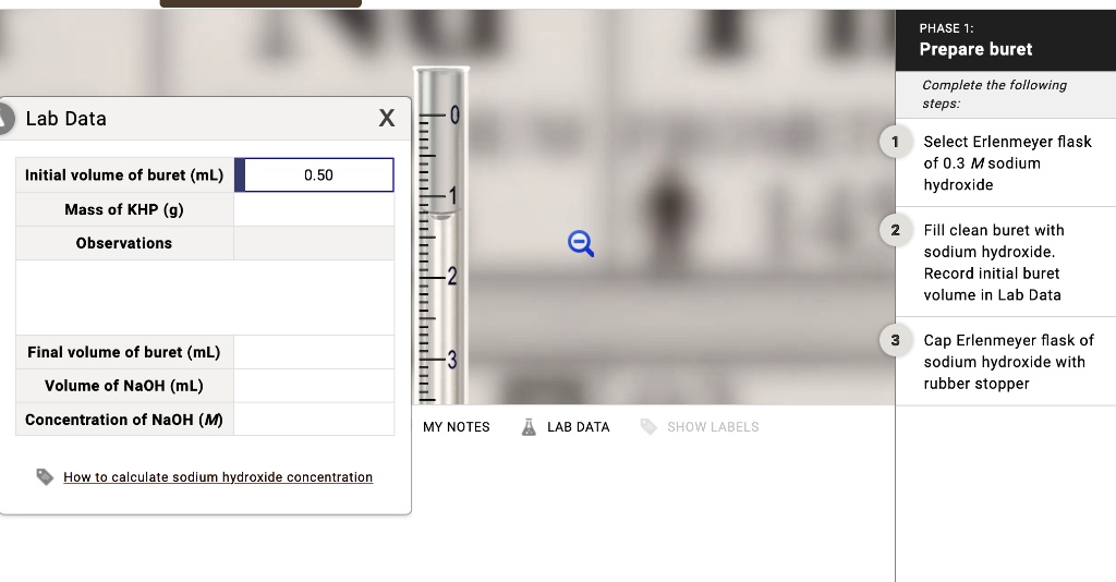 SOLVED PHASE Prepare buret Complete the following steps Lab Data X