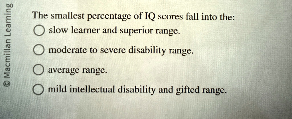 The smallest percentage of IQ scores fall into the:
slow learner and superior range.
moderate to severe disability range.
average range.
mild intellectual disability and gifted range.