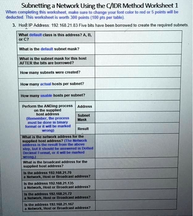 SOLVED: Subnetting A Network Using The CIDR Method Worksheet 1 When ...