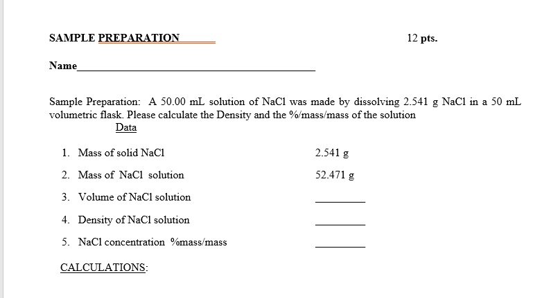 Solved Sample Preparation 12 Pts Name Sample Preparation A 50 00 Ml