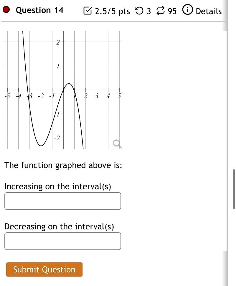 Question 14
2.5/5 pts 3 95 Details
2
1
-5 -4 -3 -2 -1 1 2 3 4 5
-2
The function graphed above is:
Increasing on the interval(s)
Decreasing on the interval(s)
Submit Question