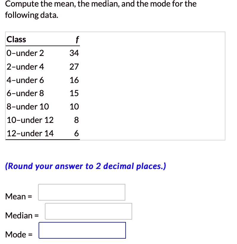 Compute the mean, the median, and the mode for the following data.

Class f
0-under 2 34
2-under 4 27
4-under 6 16
6-under 8 15
8-under 10 10
10-under 12 8
12-under 14 6

(Round your answer to 2 decimal places.)

Mean =
Median =
Mode =