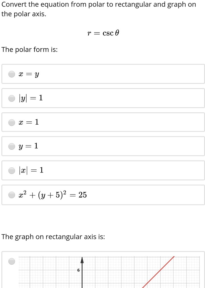 Solved Convert The Equation From Polar To Rectangular And Graph On The Polar Axis Csc 0 The Polar Form Is 1 Y Lyl 1 X 1 Y 1