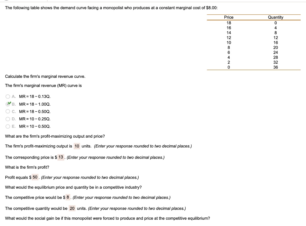 The following table shows the demand curve facing a monopolist who produces at a constant marginal cost of 8.00:
Price Quantity
18 0
16 4
14 8
12 12
10 16
8 20
6 24
4 28
2 32
0 36
Calculate the firm's marginal revenue curve.
The firm's marginal revenue (MR) curve is
A. MR = 18 - 0.13Q.
B. MR = 18 - 1.00Q.
C. MR = 18 - 0.50Q.
D. MR = 10 - 0.25Q.
E. MR = 10 - 0.50Q.
What are the firm's profit-maximizing output and price?
The firm's profit-maximizing output is 10 units. (Enter your response rounded to two decimal places.)
The corresponding price is 13 . (Enter your response rounded to two decimal places.)
What is the firm's profit?
Profit equals 50 . (Enter your response rounded to two decimal places.)
What would the equilibrium price and quantity be in a competitive industry?
The competitive price would be 8 . (Enter your response rounded to two decimal places.)
The competitive quantity would be 20 units. (Enter your response rounded to two decimal places.)
What would the social gain be if this monopolist were forced to produce and price at the competitive equilibrium?