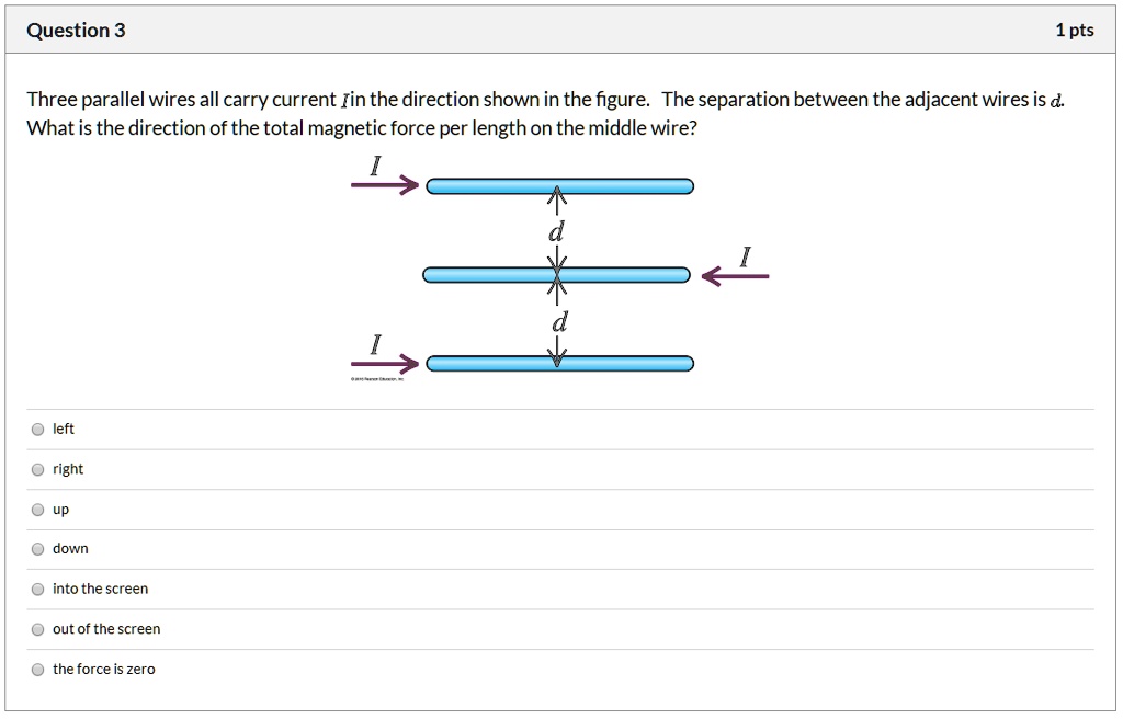 Three parallel wires all carry current I in the direction shown in the