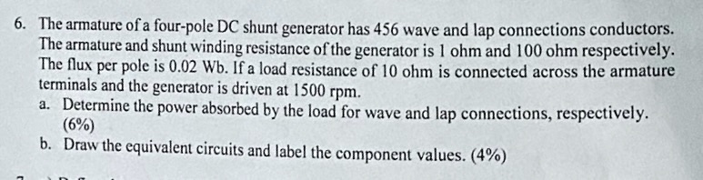 6. The armature of a four-pole DC shunt generator has 456 wave and lap ...