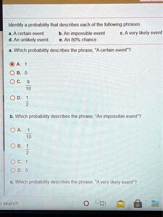 identify probability that describes each of the following phrases aa ...