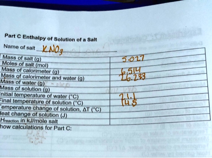 SOLVED:Part â‚¬ Enthalpy 0f Solution of u Salt Name of salt Knlg Mass ...