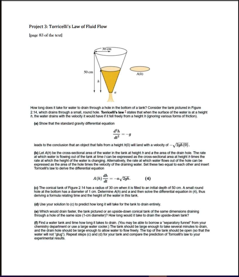 SOLVED Project 3 Torricelli's Law of Fluid Flow on page 83 of the