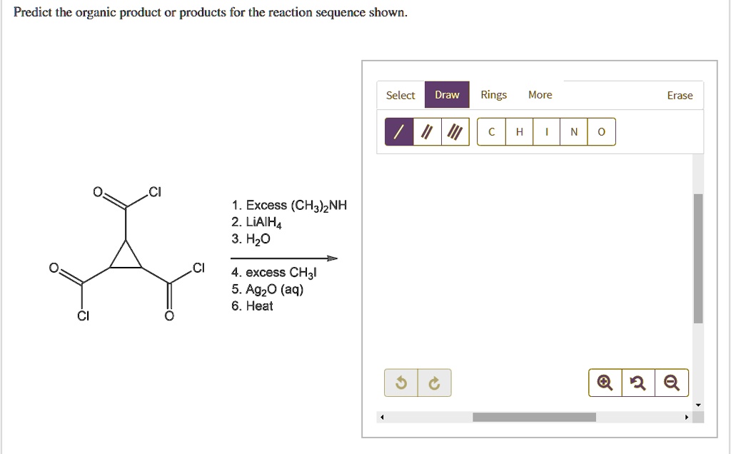 Predict the organic product or products for the reaction sequence shown.
1. Excess (CH3)2NH
2. LiAlH4
3. H2O
4. excess CH3I
5. Ag2O (aq)
6. Heat