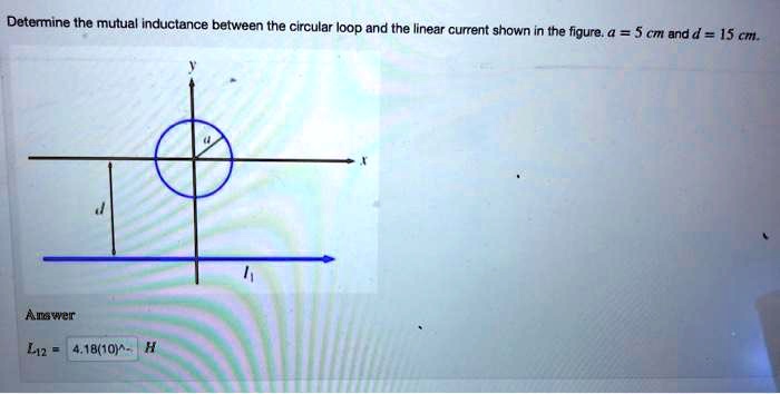 Determine the mutual inductance between the circular loop and the linear current shown in the figure. a = 5 cm and d = 15 cm.
Answer
L12 = 4.18(10)^- H