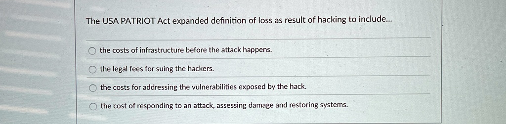 the usa patriot act expanded definition of loss as result of hacking to include the costs of infrastructure before the attack happens the legal fees for suing the hackers the costs for addre 77476